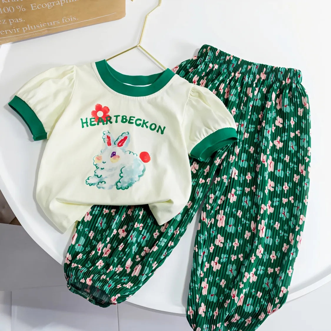 Yamza Tots' Closet fashion children girl sets summer shorts with green floral pants and white bunny print top