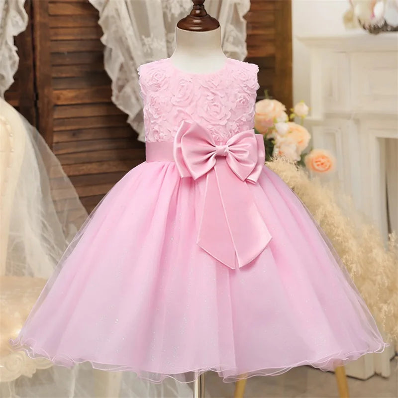 Fashion Girl Royal Blue Mesh Sleeveless Evening Gown Party Dress Kids Summer displayed on mannequin in pink with flower details and large bow