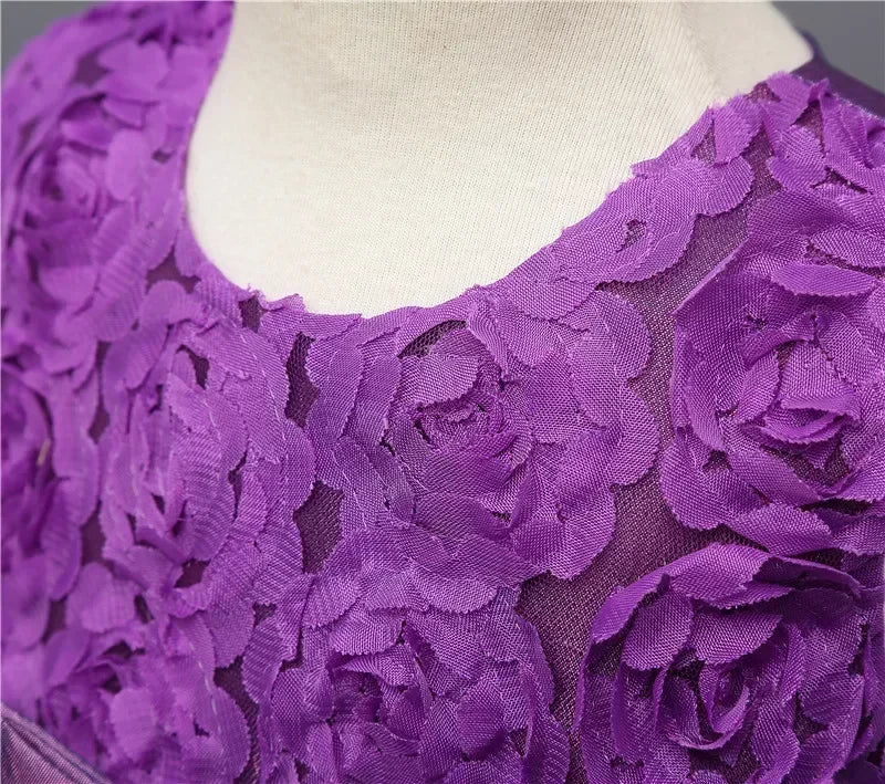 Close-up of purple floral mesh fabric on Fashion Girl Royal Blue Mesh Sleeveless Evening Gown Party Dress Kids Summer
