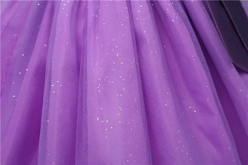 Fashion Girl Royal Blue Mesh Sleeveless Evening Gown Party Dress Kids Summer showing glittery purple mesh fabric close-up