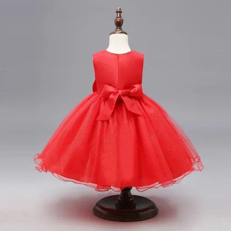 Fashion Girl Royal Blue Mesh Sleeveless Evening Gown Party Dress Kids Summer displayed on mannequin in red