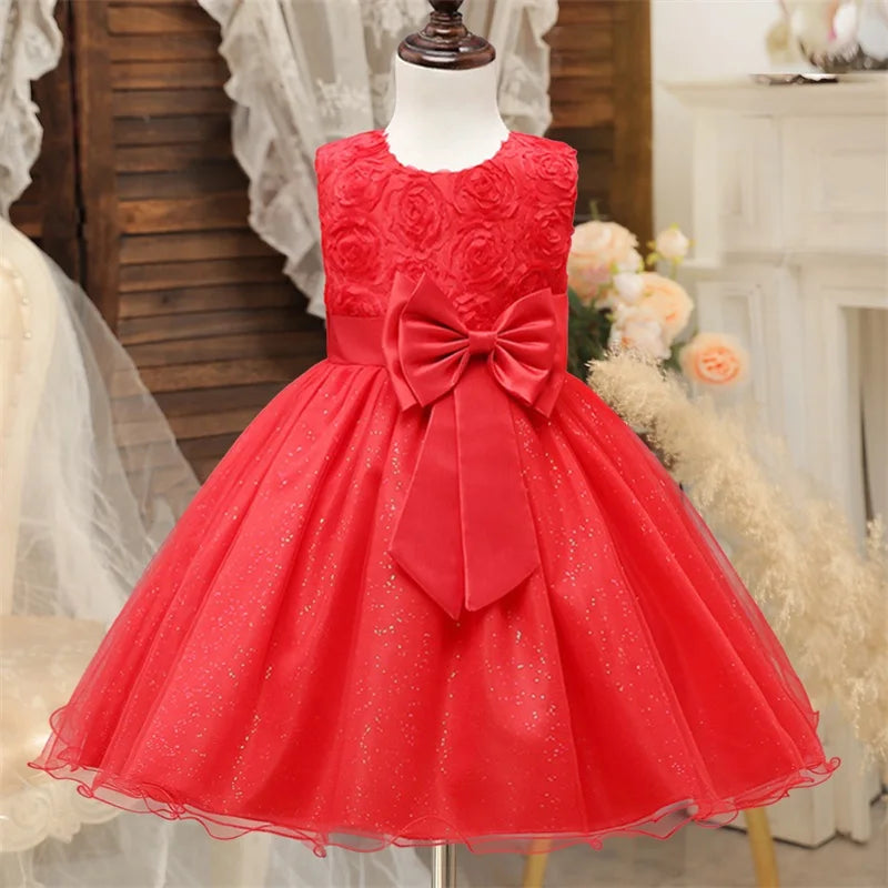 Fashion Girl Royal Blue Mesh Sleeveless Evening Gown Party Dress Kids Summer style in red with bow and floral bodice