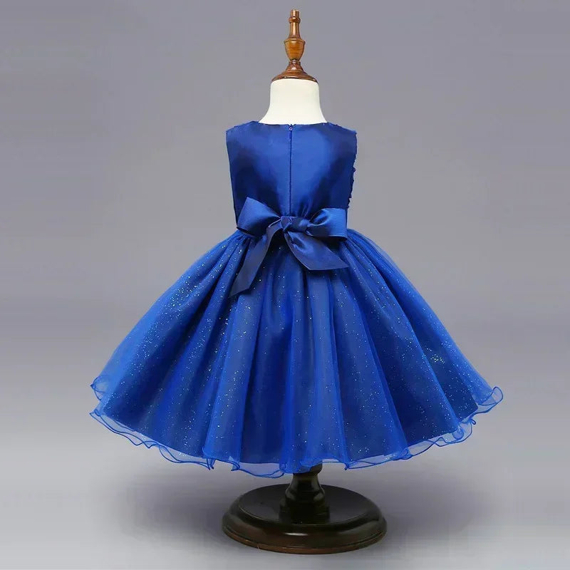 Fashion Girl Royal Blue Mesh Sleeveless Evening Gown Party Dress Kids Summer with bow and glittery skirt