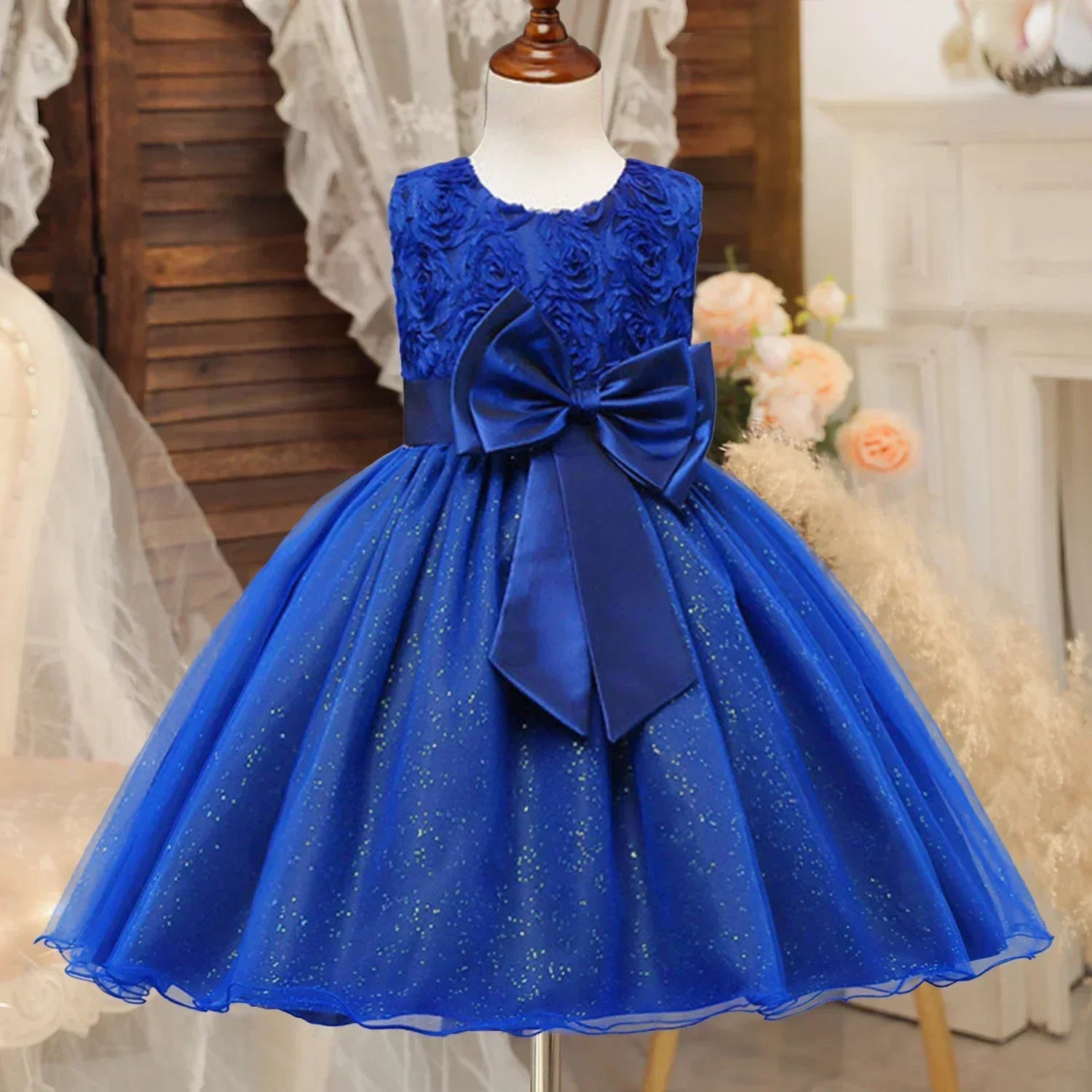 Fashion Girl Royal Blue Mesh Sleeveless Evening Gown Party Dress Kids Summer with floral bodice and large bow