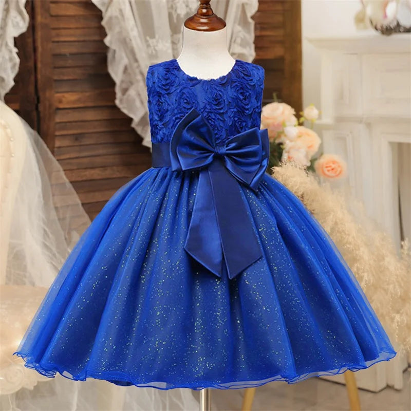 Fashion Girl Royal Blue Mesh Sleeveless Evening Gown Party Dress Kids Summer with large bow and glitter details
