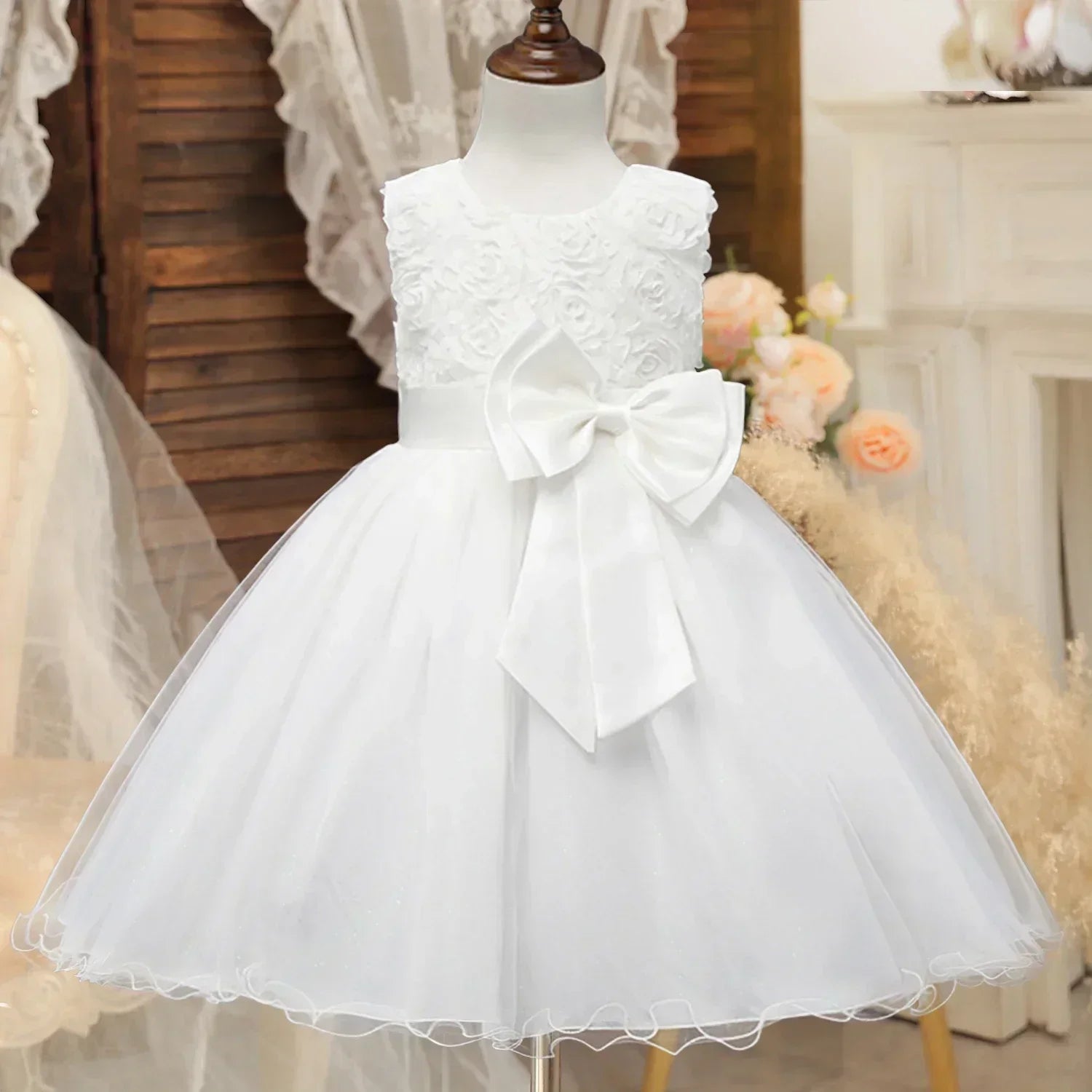 Fashion Girl Royal Blue Mesh Sleeveless Evening Gown Party Dress Kids Summer in elegant white with floral bodice and large bow