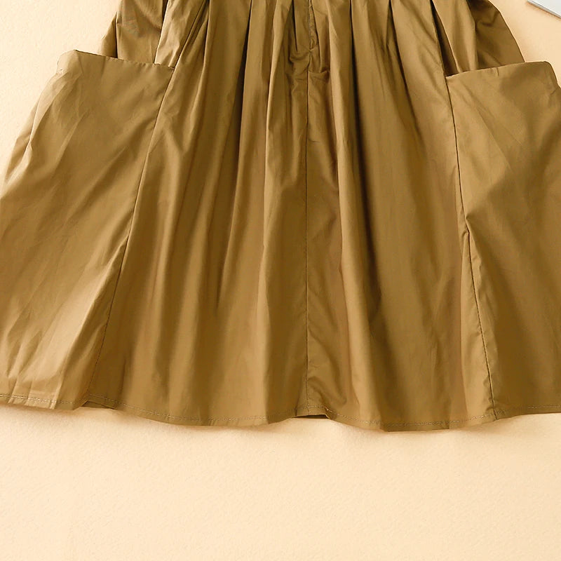 Fashion Girls Cotton Large Skirt Fairy Dress Summer Kids Sleeveless Korean Style in light brown with pockets