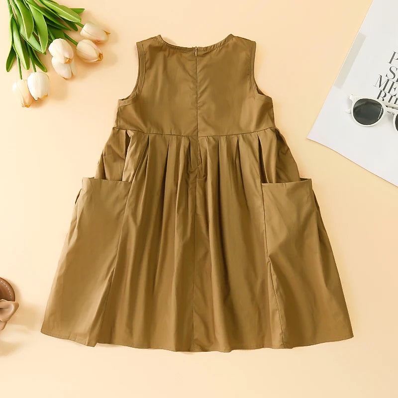 Fashion Girls Cotton Large Skirt Fairy Dress Summer Kids Sleeveless Korean Style brown dress with side pockets