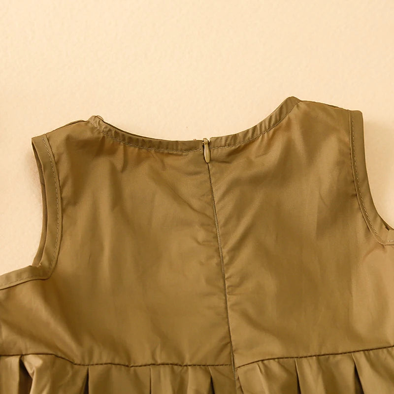 Back detail of Fashion Girls Cotton Large Skirt Fairy Dress Summer Kids Sleeveless Korean Style in beige