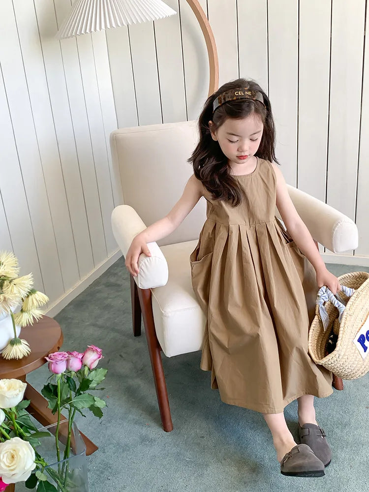 Fashion Girls Cotton Large Skirt Fairy Dress Summer Kids Sleeveless Korean Style brown dress worn by girl sitting in white chair