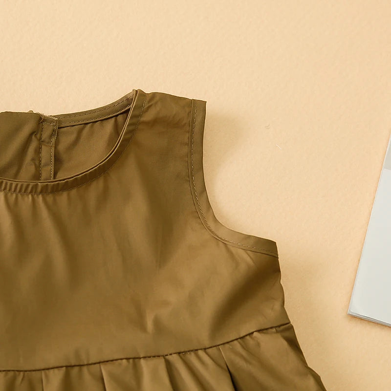 Fashion Girls Cotton Large Skirt Fairy Dress Summer Kids Sleeveless Korean Style in brown close-up sleeveless design