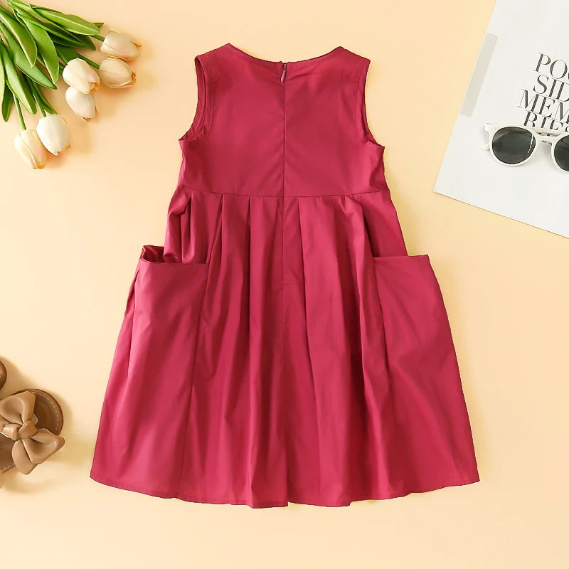 Fashion Girls Cotton Large Skirt Fairy Dress Summer Kids Sleeveless Korean Style in deep pink with pockets