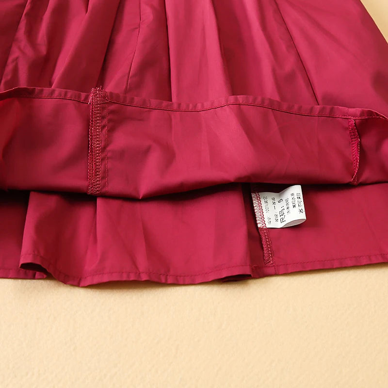 Close-up of red Fashion Girls Cotton Large Skirt Fairy Dress Summer Kids Sleeveless Korean Style hem and stitching details