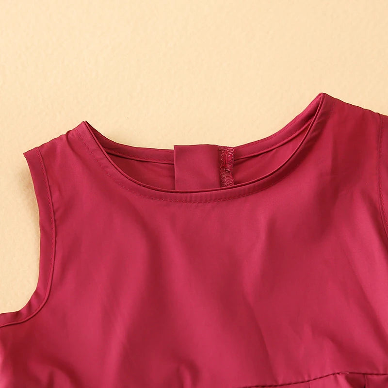 Fashion Girls Cotton Large Skirt Fairy Dress Summer Kids Sleeveless Korean Style in deep pink close-up view