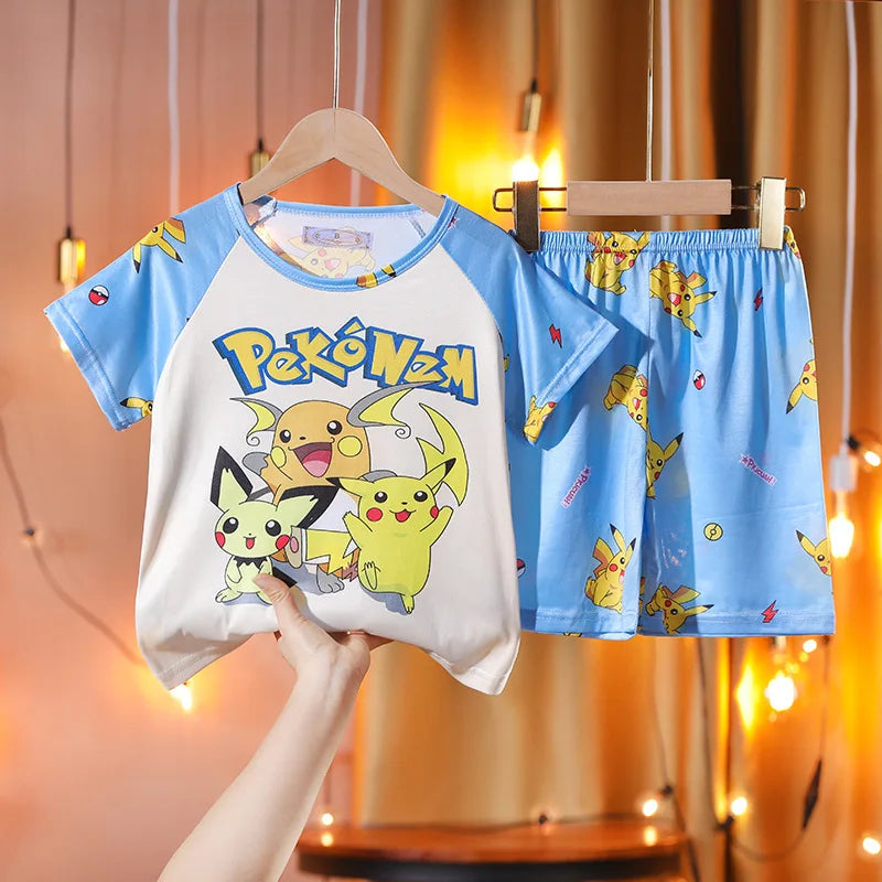 Fashion Kids Clothes Boys Girls Cartoon Pajamas Set Comfortable T-shirt Shorts with Pikachu design    