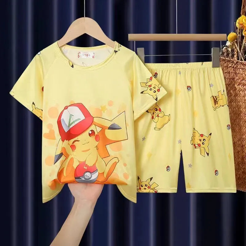 Fashion Kids Clothes Boys Girls Cartoon Pajamas Set Comfortable T-shirt Shorts with Pikachu design in yellow