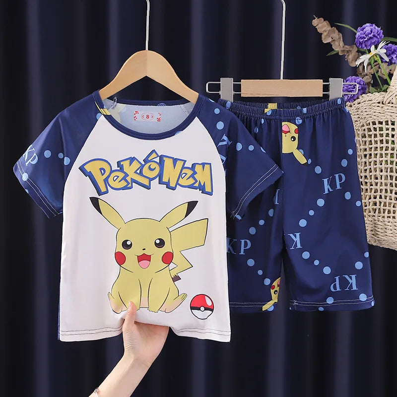Fashion Kids Clothes Boys Girls Cartoon Pajamas Set Comfortable T-shirt Shorts with Pikachu design 