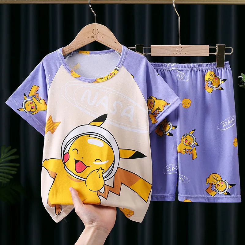 Fashion Kids Clothes Boys Girls Cartoon Pajamas Set Comfortable T-shirt Shorts with Pikachu design in purple and cream colors