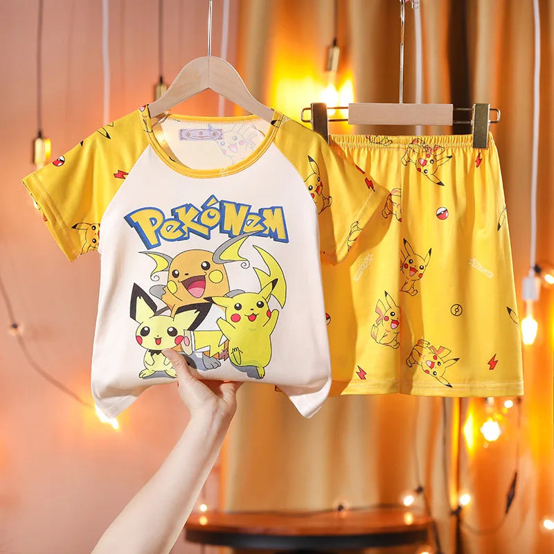 Fashion Kids Clothes Boys Girls Cartoon Pajamas Set Comfortable T-shirt Shorts with yellow Pokemon design