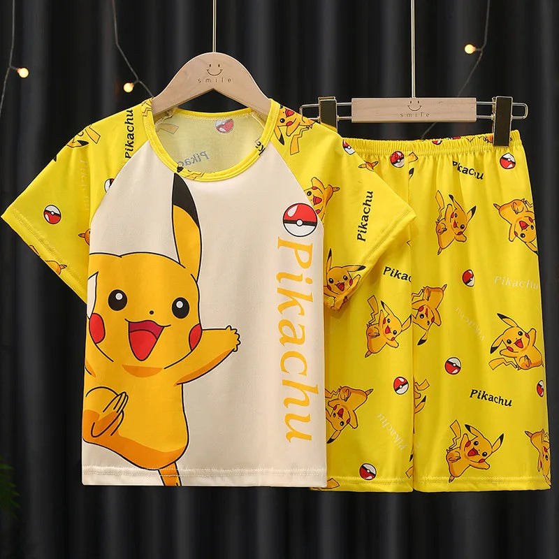Fashion Kids Clothes Boys Girls Cartoon Pajamas Set Comfortable T-shirt Shorts with Pikachu design  