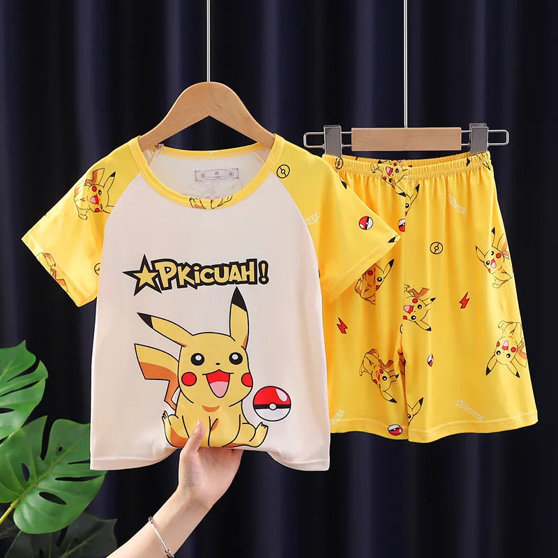 Fashion Kids Clothes Boys Girls Cartoon Pajamas Set Comfortable T-shirt Shorts with yellow Pikachu design 