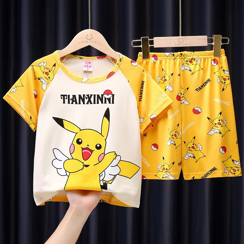 Fashion Kids Clothes Boys Girls Cartoon Pajamas Set Comfortable T-shirt Shorts with yellow Pikachu design