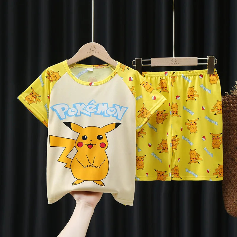 Fashion Kids Clothes Boys Girls Cartoon Pajamas Set Comfortable T-shirt Shorts with Pikachu design