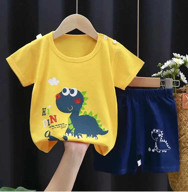 Fashion Kids Clothes Set Top Shorts 2PCS Cotton Soft Summer Suit yellow dinosaur print top with navy blue shorts
