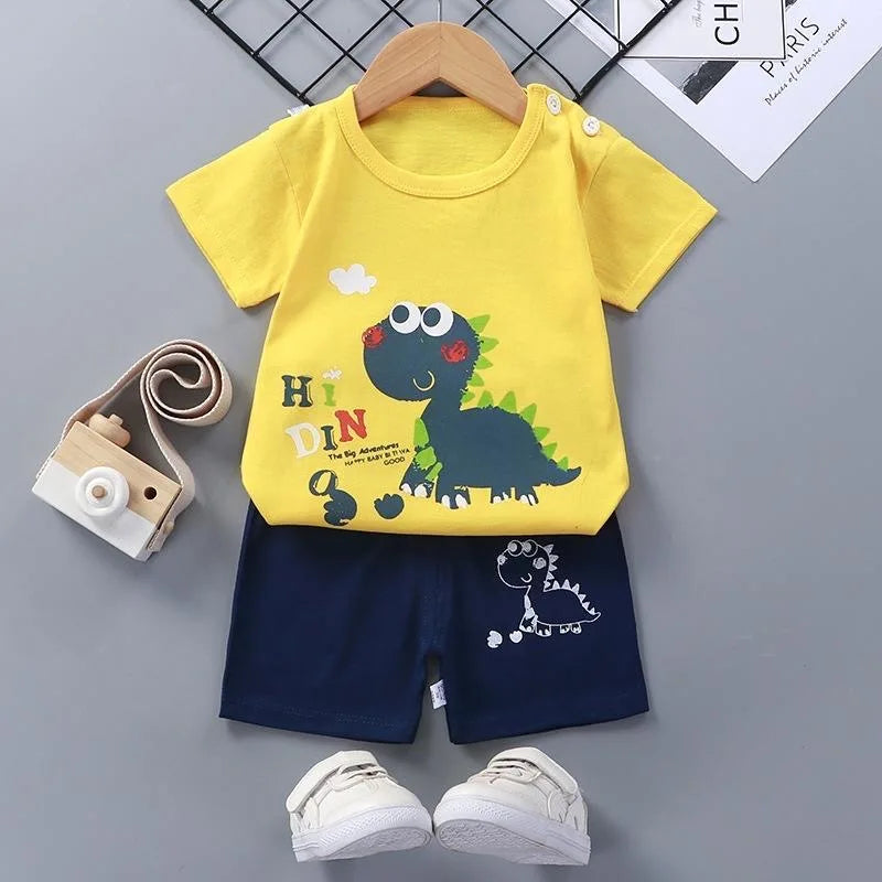 Fashion Kids Clothes Set Top Shorts 2PCS Cotton Soft Summer Suit with yellow dinosaur T-shirt and navy blue shorts