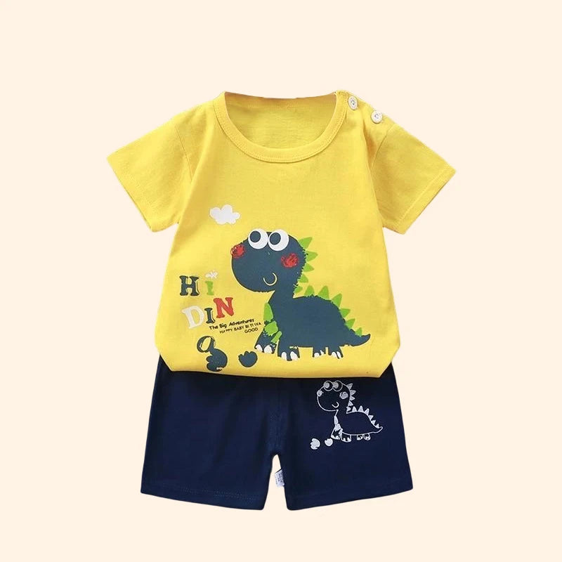 Fashion Kids Clothes Set Top Shorts 2PCS Cotton Soft Summer Suit with yellow dinosaur shirt and navy shorts