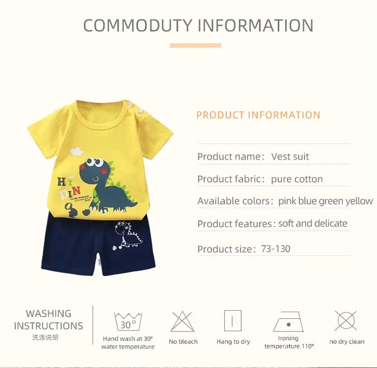 Fashion Kids Clothes Set Top Shorts 2PCS Cotton Soft Summer Suit yellow dinosaur top with navy shorts