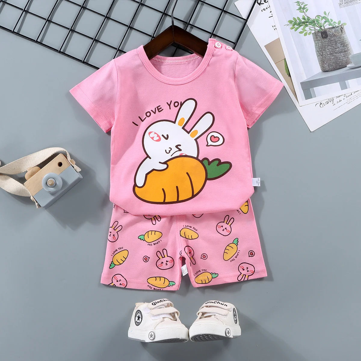 Fashion Kids Clothes Set Top Shorts 2PCS Cotton Soft Summer Suit in pink with cute bunny and carrot design