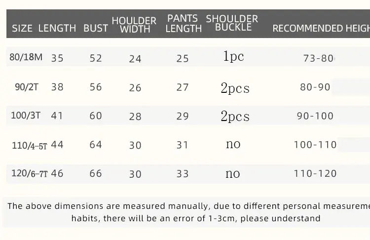 Size chart for Fashion Kids Clothes Set Top Shorts 2PCS Cotton Soft Summer Suit with measurements for length bust and recommended height