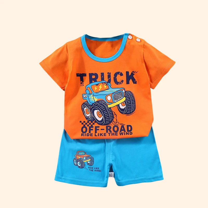 Fashion Kids Clothes Set Top Shorts 2PCS Cotton Soft Summer Suit with orange truck print top and blue shorts