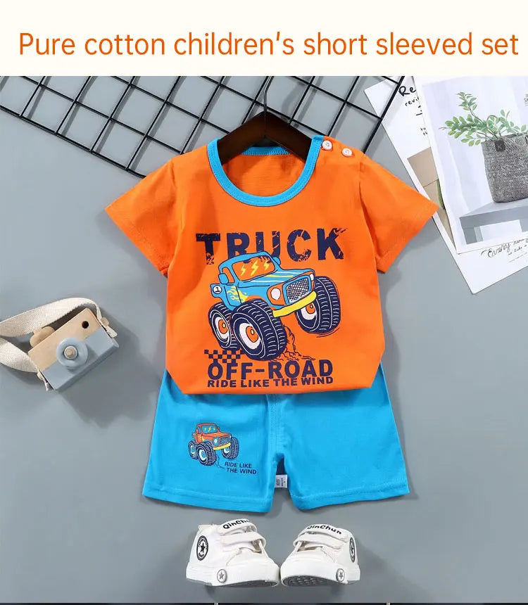 Fashion Kids Clothes Set Top Shorts 2PCS Cotton Soft Summer Suit with orange truck print top and blue shorts   