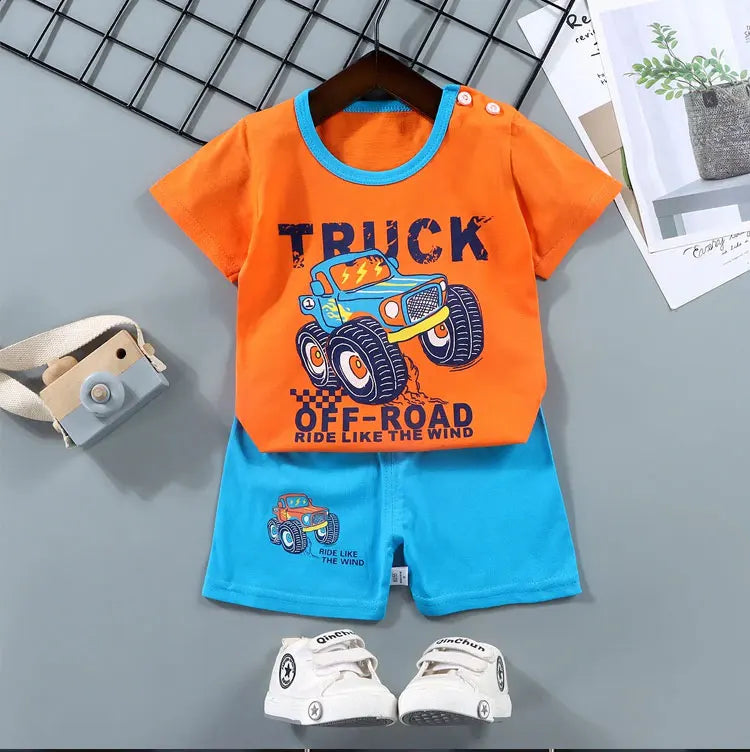 Fashion Kids Clothes Set Top Shorts 2PCS Cotton Soft Summer Suit with orange truck print shirt and blue shorts