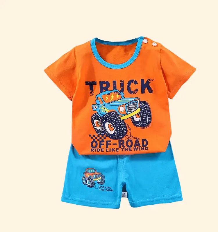 Fashion Kids Clothes Set Top Shorts 2PCS Cotton Soft Summer Suit with orange truck print top and blue shorts  