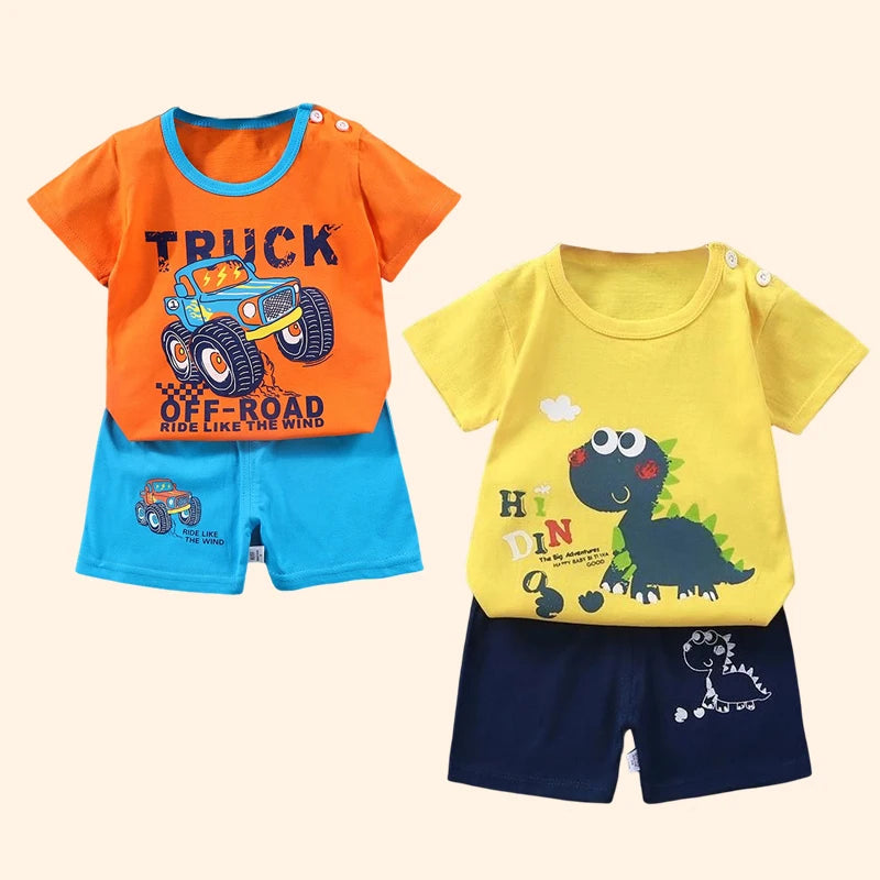 Fashion Kids Clothes Set Top Shorts 2PCS Cotton Soft Summer Suit with truck and dinosaur designs