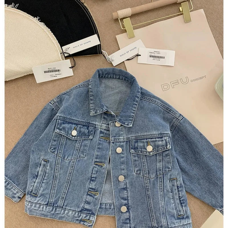 Fashion Kids Denim Jacket Girls Spring Autumn Casual Coat Children Outerwear in classic blue denim with button closure