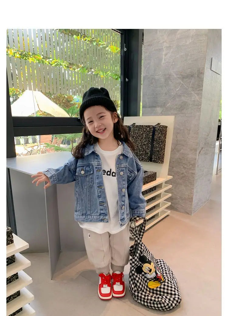 Fashion Kids Denim Jacket Girls Spring Autumn Casual Coat Children Outerwear worn by smiling child indoors