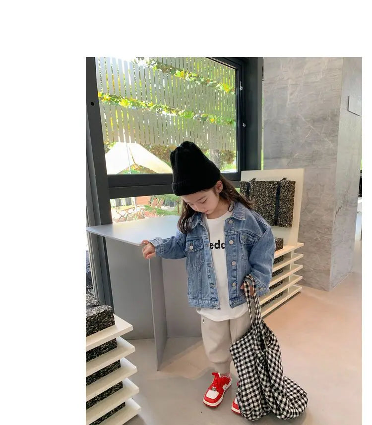 Fashion Kids Denim Jacket Girls Spring Autumn Casual Coat Children Outerwear worn by child with black hat and checkered bag
