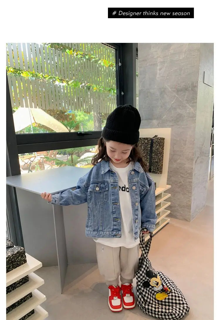 Fashion Kids Denim Jacket Girls Spring Autumn Casual Coat Children Outerwear worn by a girl with black beanie and red shoes indoors
