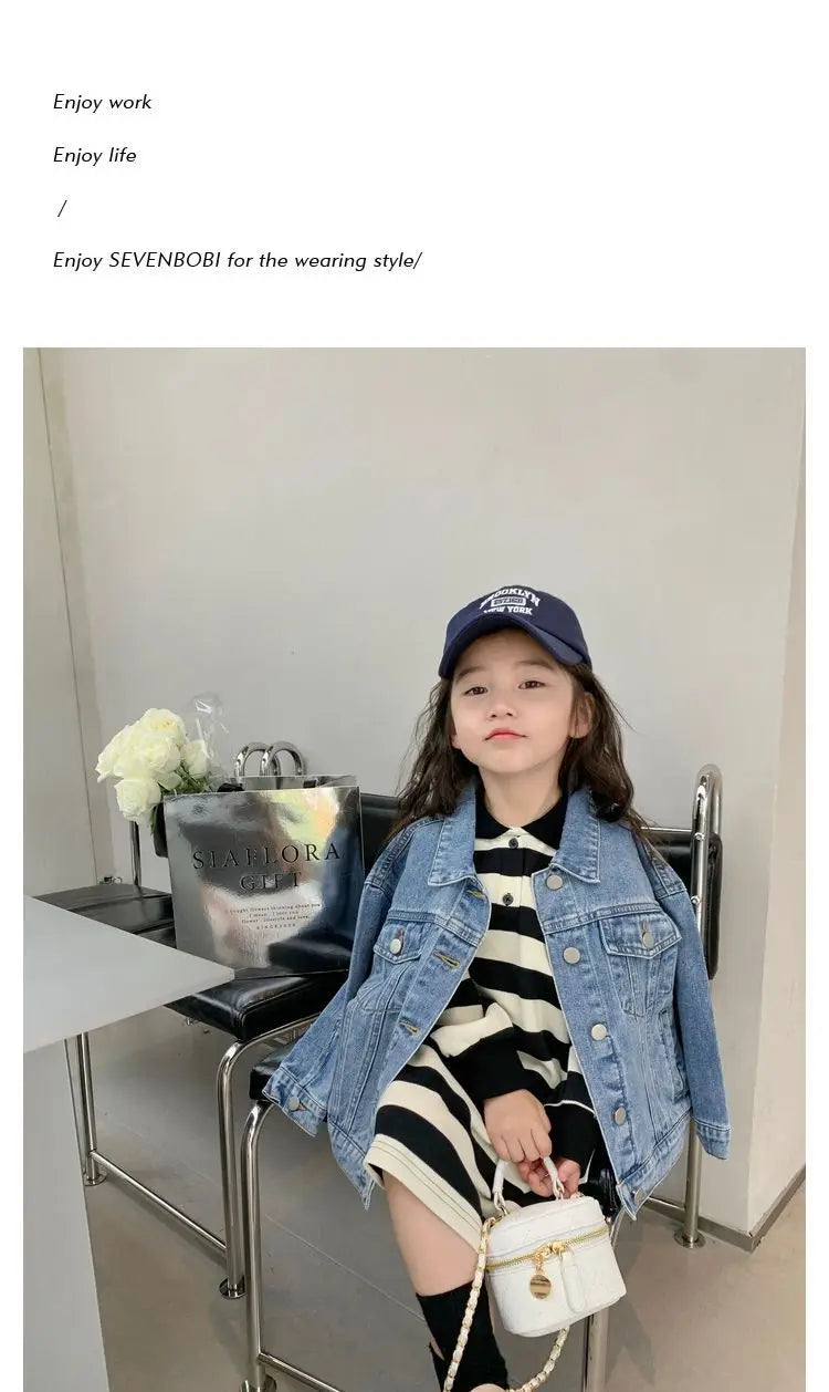 Fashion Kids Denim Jacket Girls Spring Autumn Casual Coat Children Outerwear worn by girl sitting on chair holding white handbag