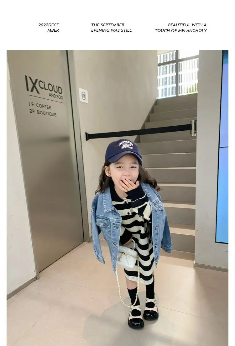 Fashion Kids Denim Jacket Girls Spring Autumn Casual Coat Children Outerwear modeled by a young girl wearing a striped dress and navy cap