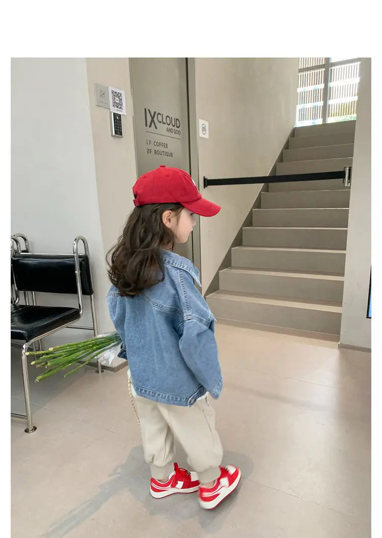 Fashion Kids Denim Jacket Girls Spring Autumn Casual Coat Children Outerwear worn by girl with red cap and sneakers indoors