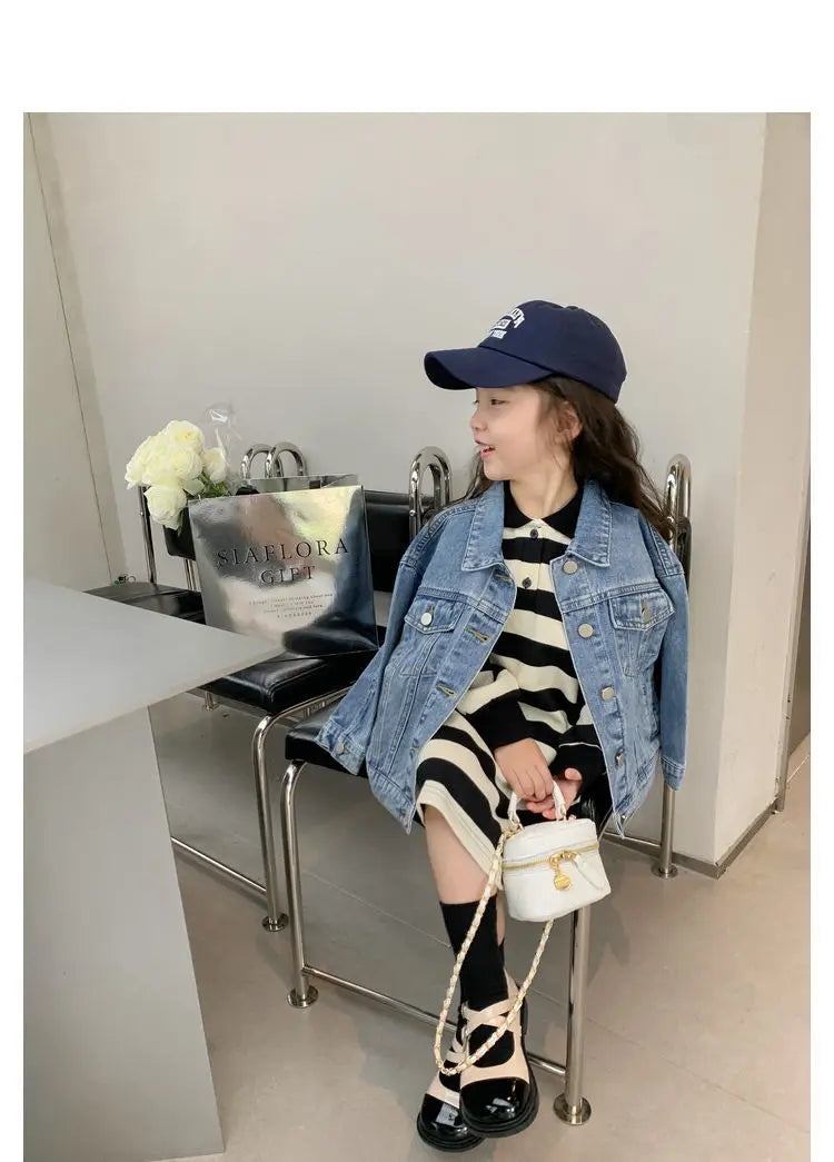 Fashion Kids Denim Jacket Girls Spring Autumn Casual Coat Children Outerwear worn by girl sitting on chair with striped dress and navy cap