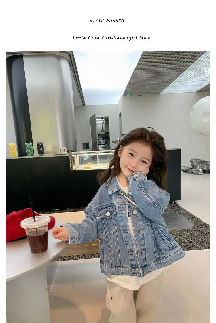 Fashion Kids Denim Jacket Girls Spring Autumn Casual Coat Children Outerwear worn by smiling little girl indoors