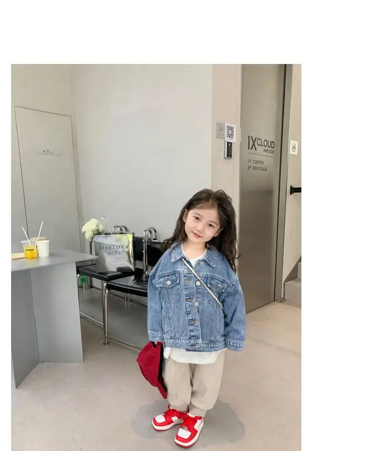 Fashion Kids Denim Jacket Girls Spring Autumn Casual Coat Children Outerwear worn by young girl with red shoes indoors