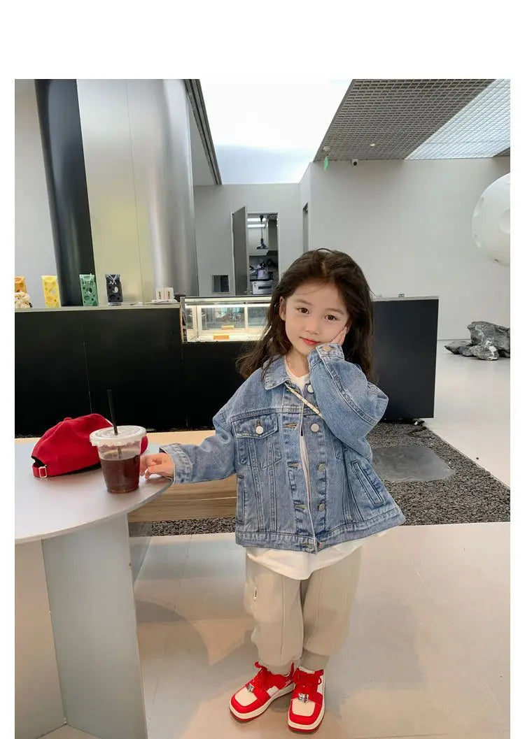 Fashion Kids Denim Jacket Girls Spring Autumn Casual Coat Children Outerwear worn by a girl in casual outfit with red shoes and white pants indoors