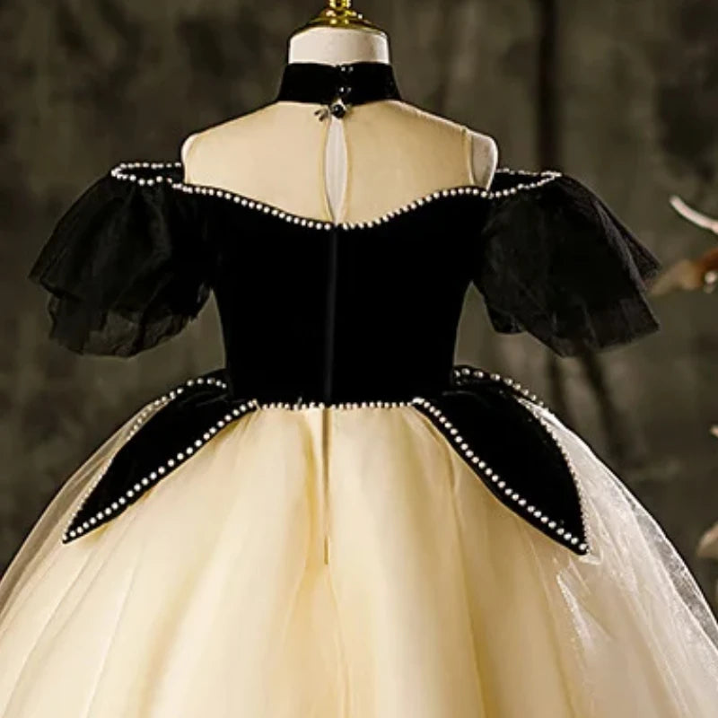 Fashion Kids Girl Elegant Evening Dress Patchwork Beading Princess Pageant Frock with black and cream design